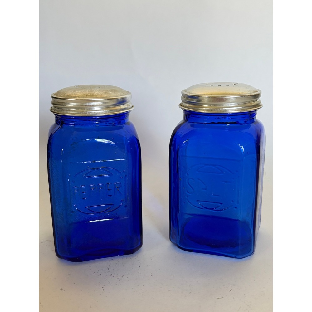 Cobalt Blue Vintage Depression Style Glass Salt Pepper Shakers Silver Screw Top